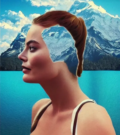 Prompt: creative double exposure effect tattoo design sketch of margot and beautiful mountains and nature, margot robbie, mountain scenery, realism tattoo, in the style of matteo pasqualin, amazing detail, sharp