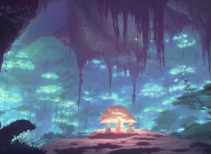 Image similar to Inside a magical cavern with bioluminescent mushrooms, peaceful and serene, incredible perspective, soft lighting, anime scenery by Makoto Shinkai and studio ghibli, very detailed