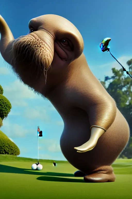 Prompt: pixar walrus playing golf | glamorous oily soft polished rich ornate modern | weta disney pixar movie still photo | hi - fructose, sci fi fantasy, smooth, octane render, sharp focus, artstation, concept art | artgerm, mucha, rutkowski, feng zhu, wlop, loish