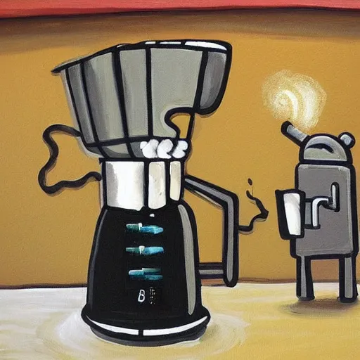 Image similar to a painting of android espresso machine that makes coffee from human souls