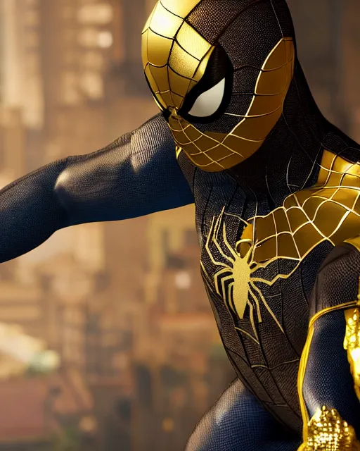 Image similar to photorealistic, hyperdetailed photograph of black spider - man suit with gold webbing by insomniac games