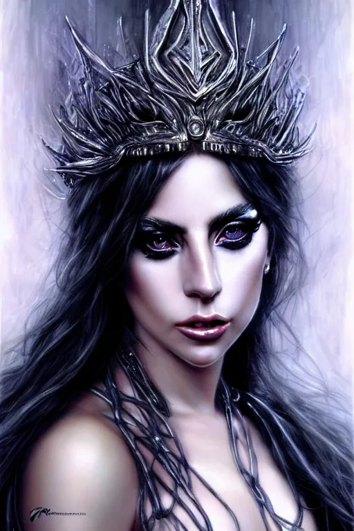 Image similar to Lady Gaga as a beautiful Goddess, fantasy, portrait, sharp focus, intricate, elegant, digital painting, artstation, matte, highly detailed, concept art, illustration, ambient lighting, art by Luis Royo