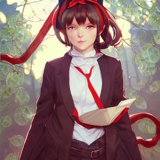 Image similar to beatiful woman wearing cat ears with big sack, a little boy wearing white shirt and red tie, anime key visual, intricate, stunning, highly detailed, digital painting, artstation, smooth, hard focus, illustration,, art by artgerm and greg rutkowski and alphonse mucha