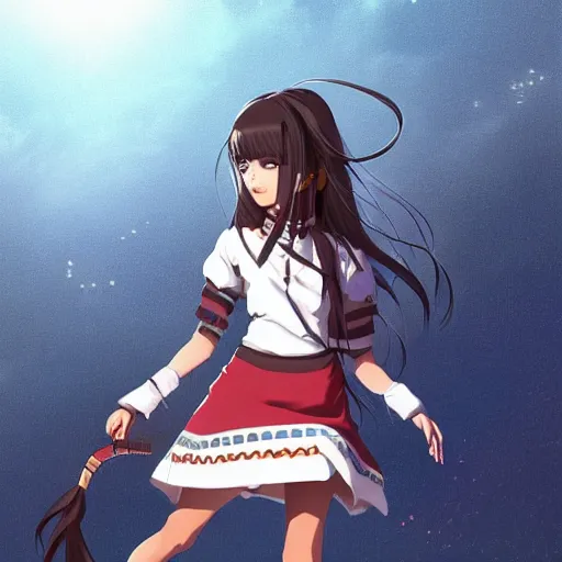 Image similar to a beautiful women instagram model, brown skin, wearing elegant catholic school girl designer fashion with mayan pattern and native style, aztec street fashion, gapmoe yandere grimdark, trending on pixiv fanbox, painted by greg rutkowski makoto shinkai takashi takeuchi studio ghibli, akihiko yoshida