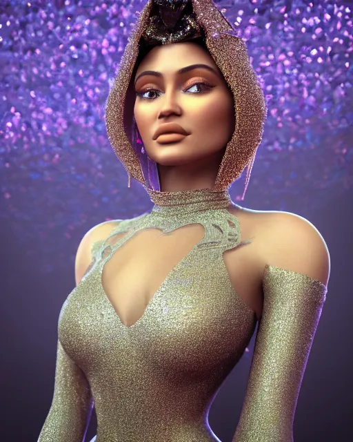 Prompt: a highly detailed metahuman 8 k close up render of kylie jenner renaissance in iris van herpen dress schiaparelli in diamonds crystals swarovski and jewelry iridescent in style of alphonse mucha gustav klimt trending on artstation made in unreal engine 4