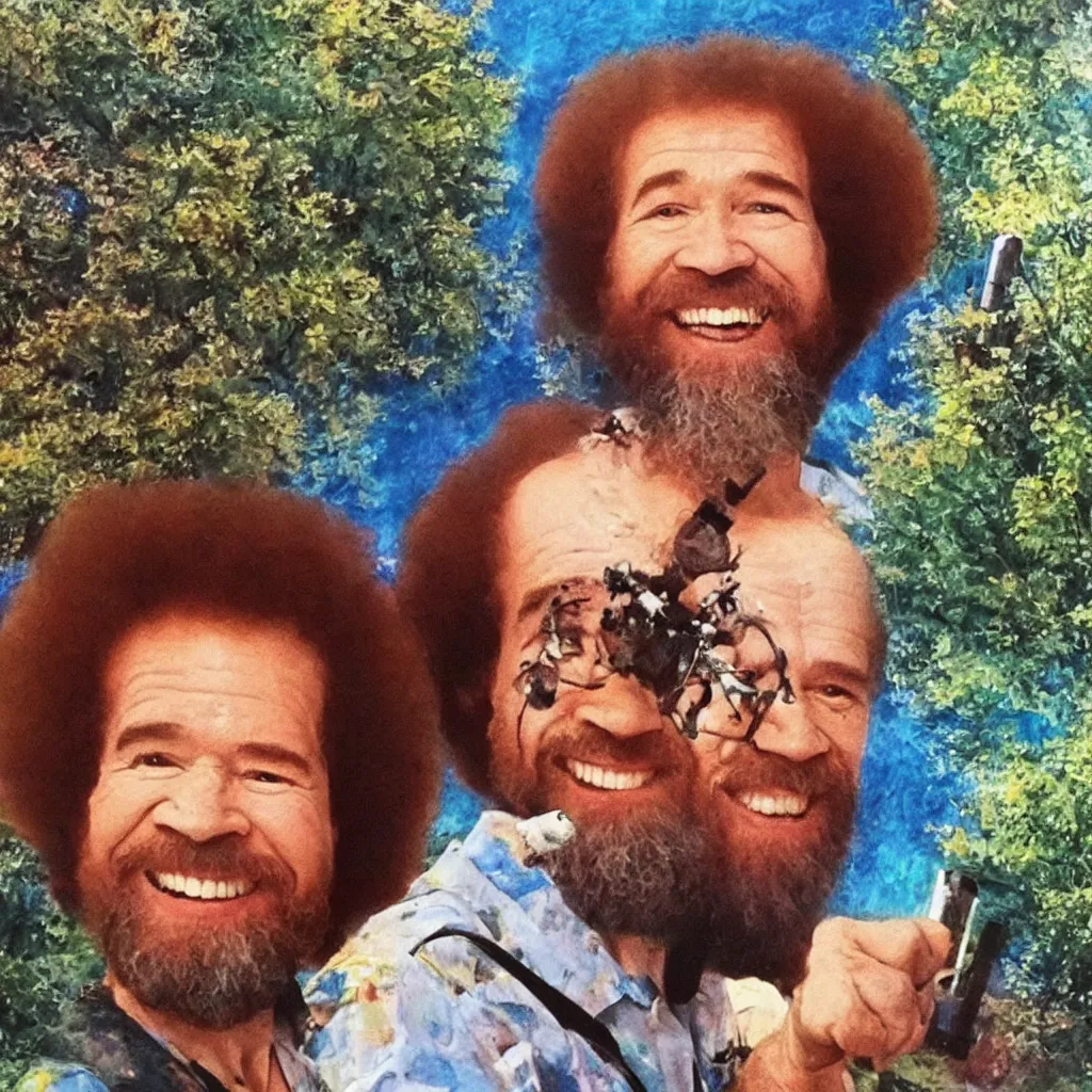 Image similar to bob ross painting of last selfie on earth