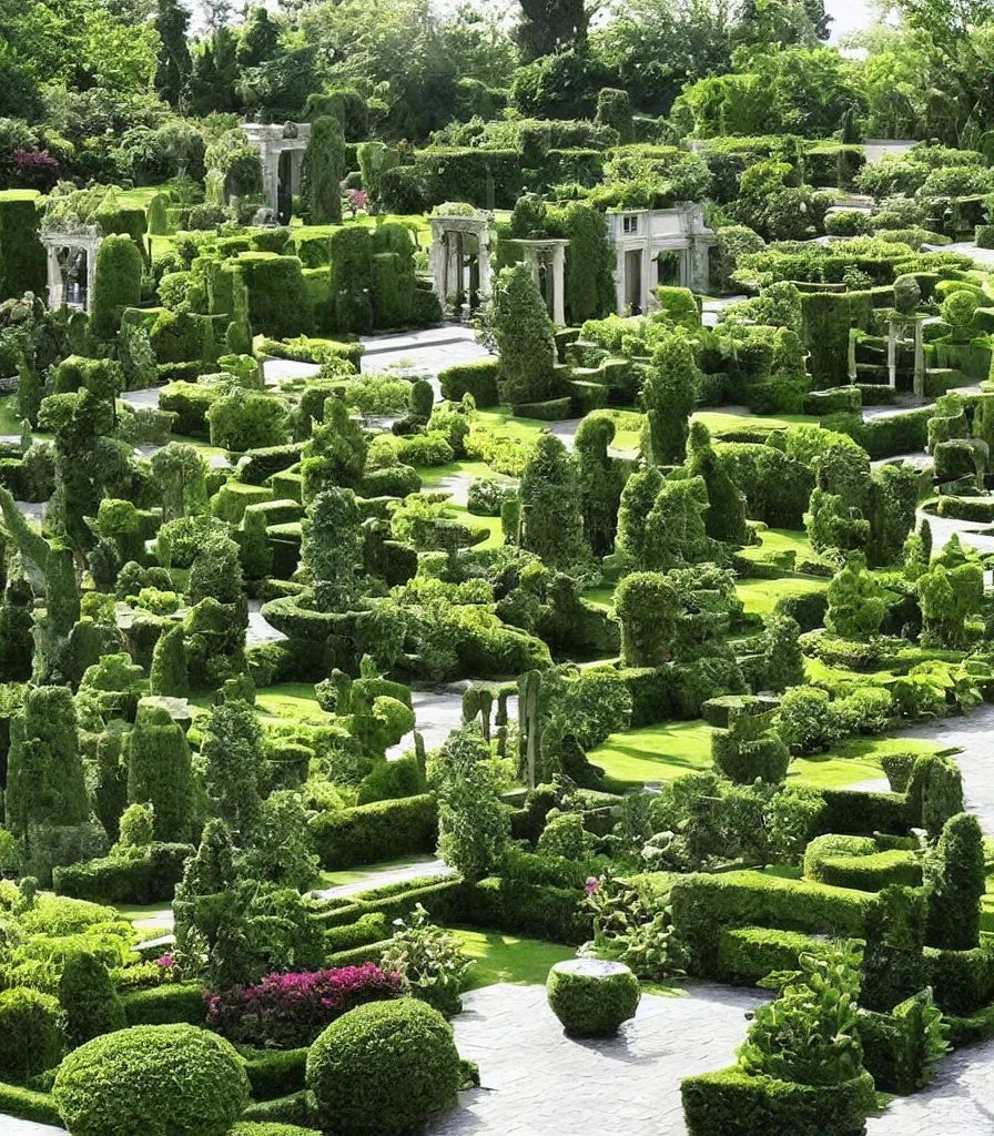 Prompt: a villa garden with a sculpture, garden landscape, symmetrical landscape and architectural design ， by gertrude jekyll and ieoh ming pei ， trending ，