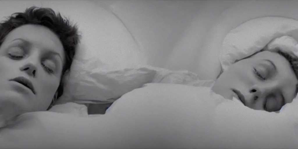 Image similar to a close-up of Ripley sleeping inside an all-white cryogenic sleeping capsule by Ridley Scott, Alien movie, grainy, bluish and cream tones