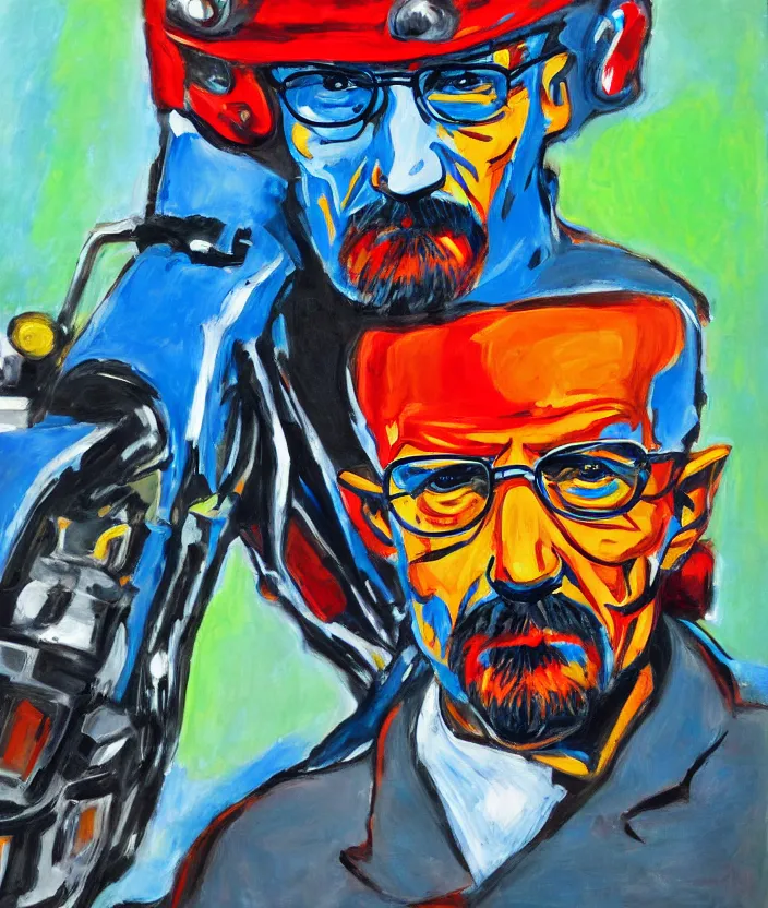 Image similar to expressionist painting of walter white on a motorbike, dynamic perspective, expressionist, colorful, clean