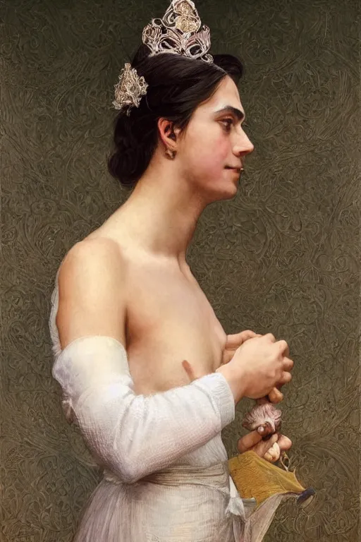 Image similar to photorealistic portrait photograph of ben shapiro as an aesthetic maid queen, beautiful, upper body, fantasy, handsome, depth of field, soft focus, highly detailed, intricate, realistic, national geographic cover, soft glow, textured, artstation, concept art, sharp focus, illustration, art by artgerm and greg rutkowski and alphonse mucha