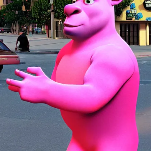 Image similar to Shrek in a Pink Morph Suit walking on the streets of L.A in the mid-2000s, photo taken in the 2000s, photograph, real, realistic, real life, in real life, hyperrealistic, cool, nostalgic, epic, detailed, very detailed, highly detailed, digital art, trending on artstation, in the style of Jamie Hewlett