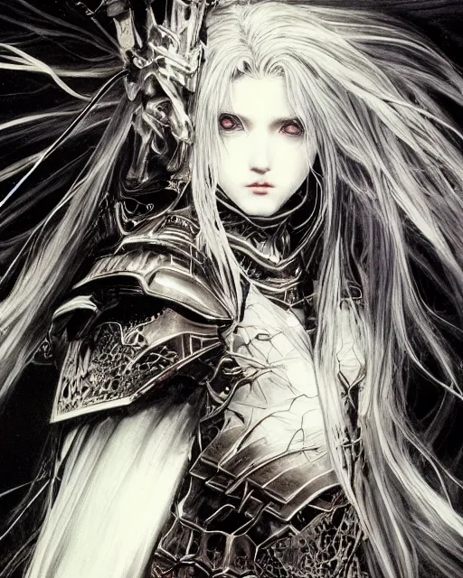 Prompt: Yoshitaka Amano realistic illustration of an anime girl with wavy white hair and cracks on her face wearing Elden ring armour with the cape fluttering in the wind, abstract black and white patterns on the background, noisy film grain effect, highly detailed, Renaissance oil painting, weird portrait angle