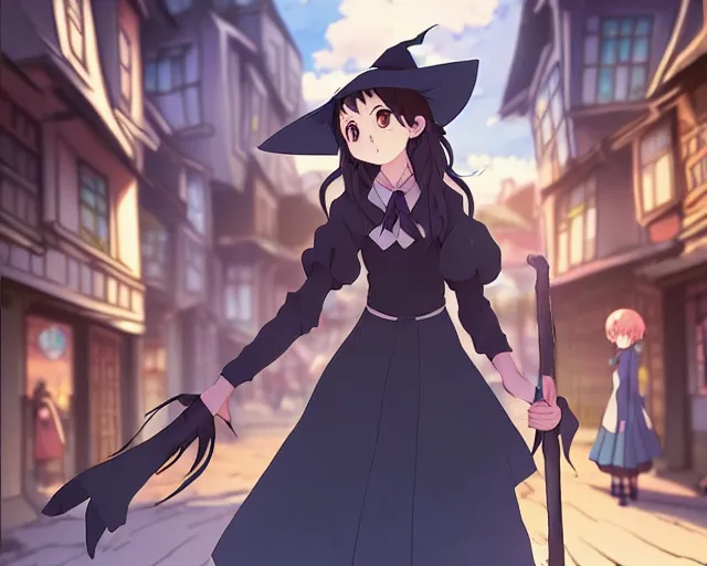 Image similar to key anime visual portrait of a young female witch walking through a busy village, dynamic pose, dynamic perspective, cinematic, dramatic lighting, muted colors, detailed silhouette, textured, finely detailed eyes, anime proportions, little witch academia