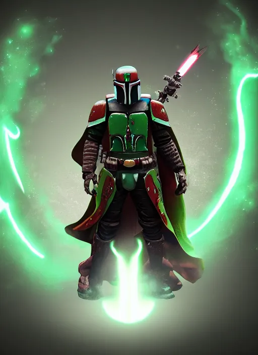 Image similar to arcane wizard x boba fett, fantasy inspired boba fett as a wizard, 3 d digital art, character mashup, epic volumetric lighting, combination art, photorealistic, sharp focus, aesthetic