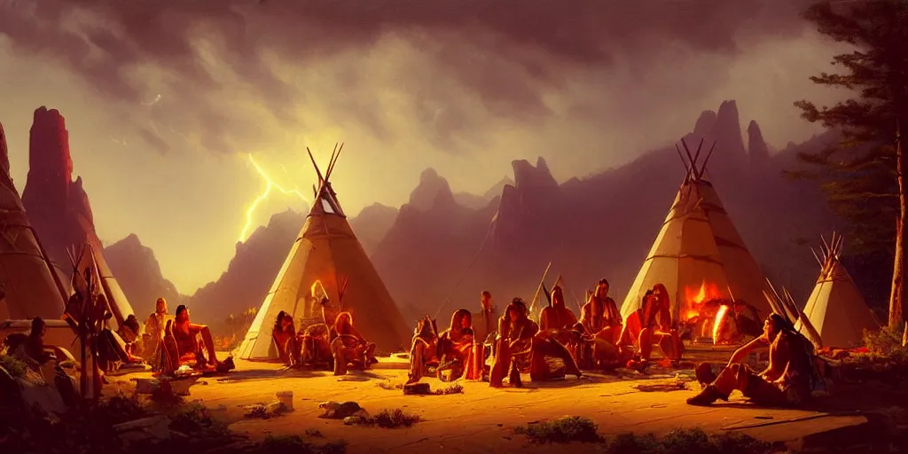 Prompt: a group of some native americans and their cyborgs sitting together at a fire in front of some tipis, beatiful mountain background, cyberpunk, by albert bierstadt, by greg rutkowski, highly detailed, warm lightning, digital painting