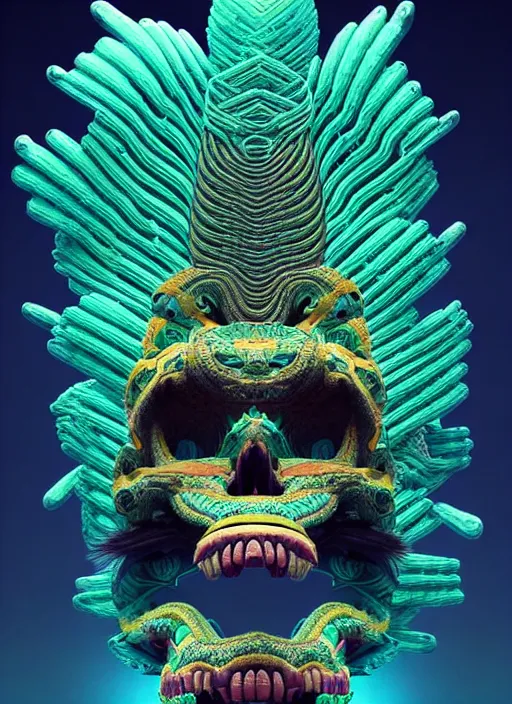 Image similar to 3 d totem portrait, sigma 5 0 0 mm f / 5. beautiful intricate highly detailed quetzalcoatl skull and feathers. bioluminescent, plasma, lava, ice, water, wind, creature, thunderstorm! artwork by tooth wu and wlop and beeple and greg rutkowski, 8 k trending on artstation,