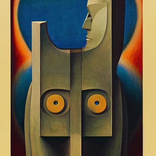 Image similar to the robot wearing her human mask, by christopher kit williams and nicholas roerich, symbolist, dramatic lighting, elaborate geometric ornament, art brut, god rays, soft cool colors, smooth, sharp focus, extremely detailed