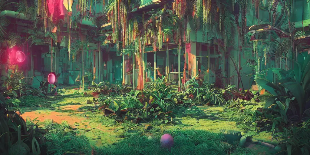 Image similar to 80s outdoor retro arcade, pastel colors, desolate, lush vegetation, moody:: by beeple and James Gilleard and Justin Gerard :: ornate, dynamic, particulate, intricate, elegant, highly detailed, centered, artstation, smooth, sharp focus, octane render, 3d