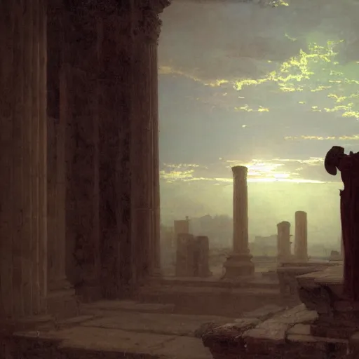 Image similar to half portait of magican wearing a closed cowl walking while reading big old book! jeremy mann, jean leon gerome, tiepolo, alphonse mucha, greg rutkowski, face in the shadows, ( ( ruins of ancient rome ) ), at dusk, mysterious atmosphere, sunrays, dof, masterpiece, high detailed, 8 k