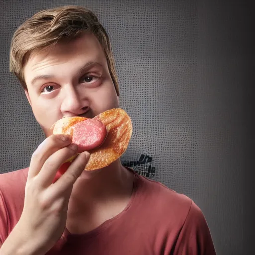 Prompt: photo of a hacker eating spam, studio photo, hdr, award winning photo