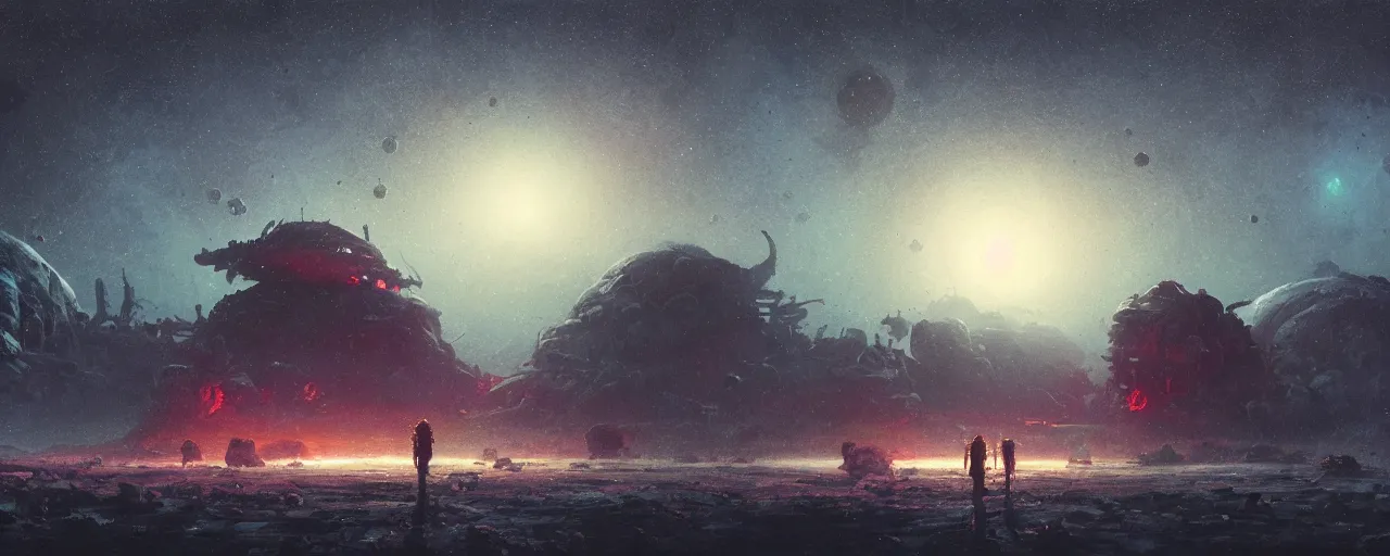 Image similar to ” night at a desolate outer planet made of barren black rock, [ cinematic, detailed, epic, widescreen, opening, establishing, mattepainting, photorealistic, realistic textures, octane render, art by paul lehr ] ”