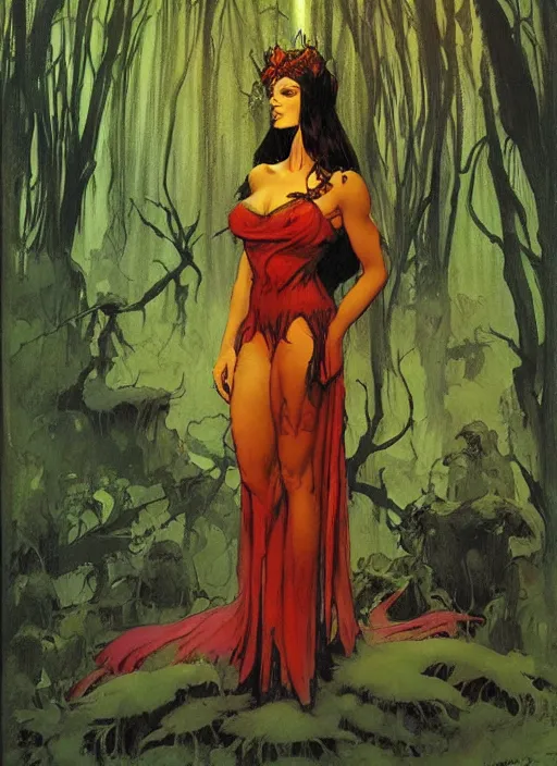 Prompt: mighty fey queen, vine dress, glowing forest, strong line, eerie color, beautiful! coherent! by frank frazetta, by brom