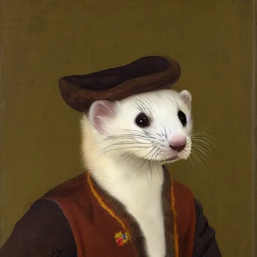 Image similar to Portrait of a Ferret with brown face markings in a general outfit , painted by Jan Willem Pieneman, Courageous, Bold, painting