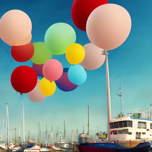 Prompt: digital art of a port in bretagne with giant birthday balloons, artstation cgsociety masterpiece