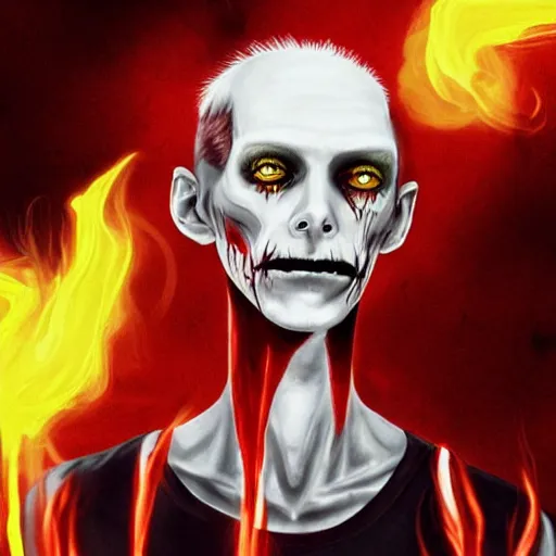 Image similar to An extremely skinny zombie man with burning yellow smokey eyes on a dusty haunting background with red and white smoke and dirt, in the style of artgerm and adam hughes