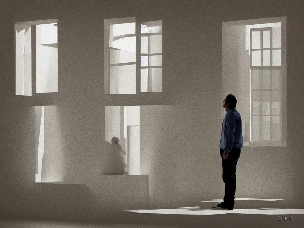 Prompt: a man standing in front a big window looking another dimension, dramatic, realistic 3D art by Eliseo H. Zubiri