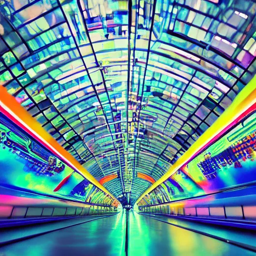 Image similar to space train station, futuristic, neon colours, highly saturated, high def, 8 k, hd, highly detailed,