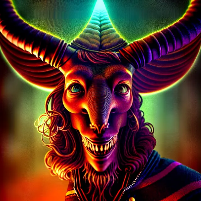 Prompt: Beautiful closeup portrait 3d render of the illuminati Baphomet, face portrait, atmospheric lighting, painted, intricate, volumetric lighting, beautiful, rich deep colors masterpiece, sharp focus, ultra detailed, in the style of Dan Mumford and marc simonetti, with a clear crowded futuristic cyberpunk dubai city in the background, astrophotography