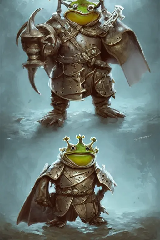 Image similar to cute anthropomorphic frog knight wearing a cape and a crown, tiny, small, miniature bear, baby animal, short, pale blue armor, cute and adorable, pretty, beautiful, DnD character art portrait, matte fantasy painting, DeviantArt Artstation, by Jason Felix by Steve Argyle by Tyler Jacobson by Peter Mohrbacher, cinematic lighting