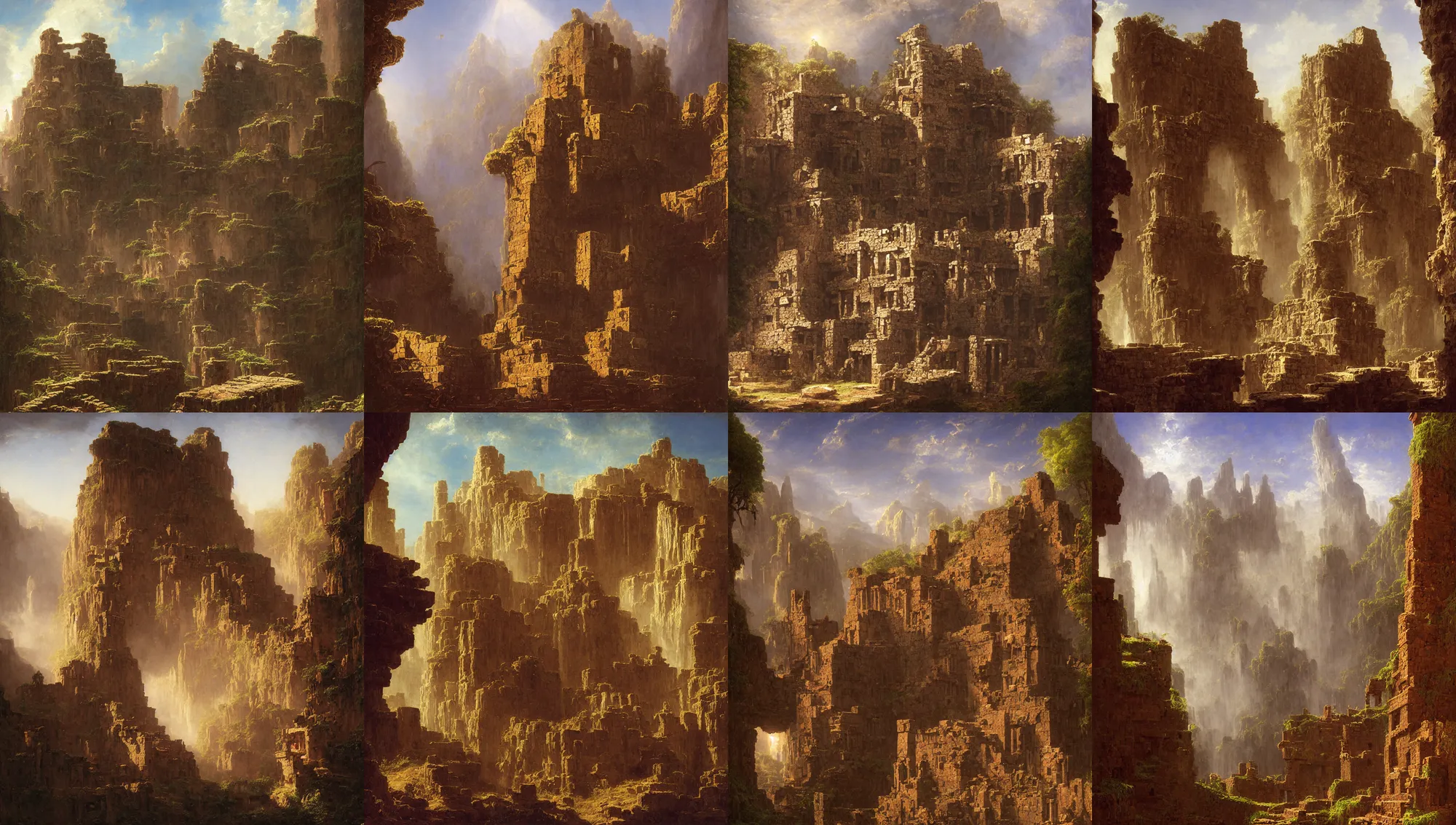 Image similar to aztec ruins built on the walls of a cave by jorge jacinto, albert bierstadt, jim burns, edwin church, frederic thomas cole, brown durand, asher david friedrich, caspar james gurney, johnson heade, martin raphael lacoste, ted nasmith, andreas rocha, christophe vacher, mystical, fantasy, rays of sun light, atmospheric lighting