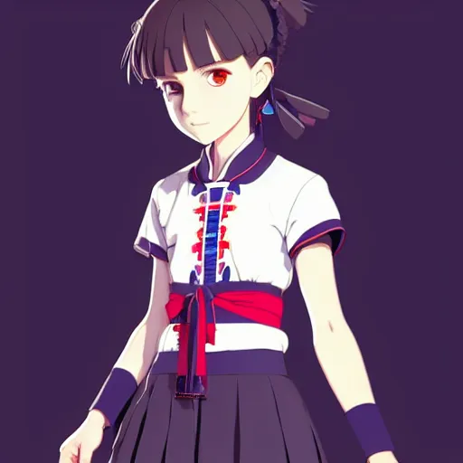 Image similar to a beautiful! boyish! natalie portman model, wearing catholic school girl outfit with mayan pattern and native style, jrpg aztec street fashion, gapmoe yandere grimdark, trending on pixiv fanbox, painted by greg rutkowski makoto shinkai takashi takeuchi studio ghibli, akihiko yoshida