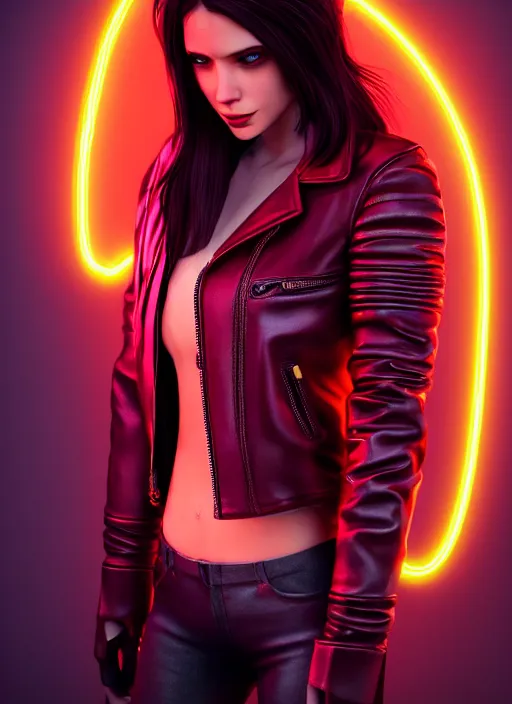 Image similar to pretty young woman with shoulder length shiny shimmering dark red hair and wearing a stuffed leather jacket with neon, path traced, highly detailed, high quality, digital painting, by cd projekt red, cyberpunk,