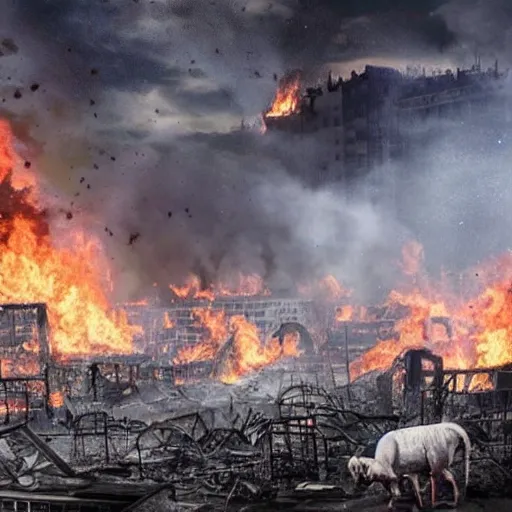 Prompt: animals destroy a city, fire, destruction, chaos