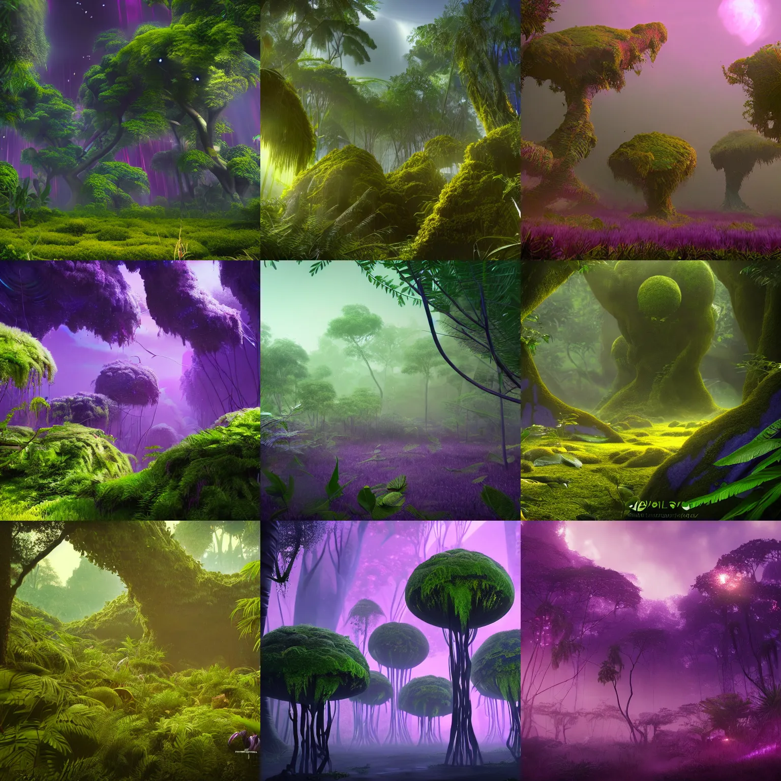 Prompt: a lush alien forest, violet! sky, yellow!! plants, birds in flight, humid alien jungle, atmospheric, exotic, unreal engine, trending on artstation