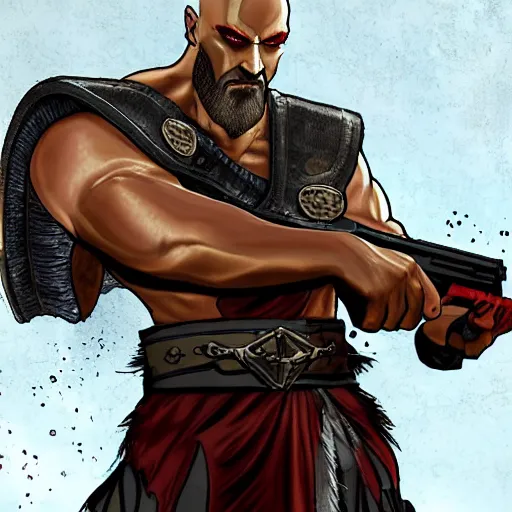 Image similar to kratos wearing agent 47 suit holding 2 desert eagle