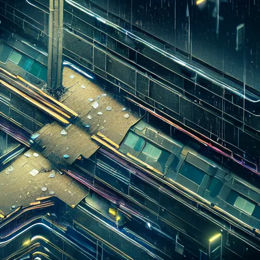 Prompt: 8 k artstation photograph rainy city crumbling ruins scifi cyberpunk aesthetic hyper realistic aerial view top down