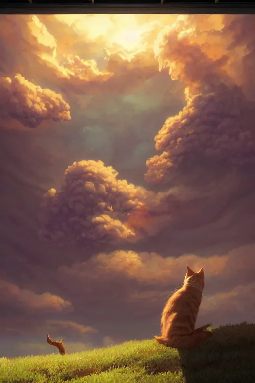 Prompt: a highly detailed matte painting of a cat watching a nuclear explosion in the distance by studio ghibli, makoto shinkai, by artgerm, by wlop, by greg rutkowski, volumetric lighting, octane render, 4 k resolution, trending on artstation, masterpiece
