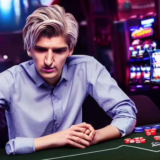 Image similar to a high quality photo of handsome gigachad XQC gambling, photorealism, 8k, artstation