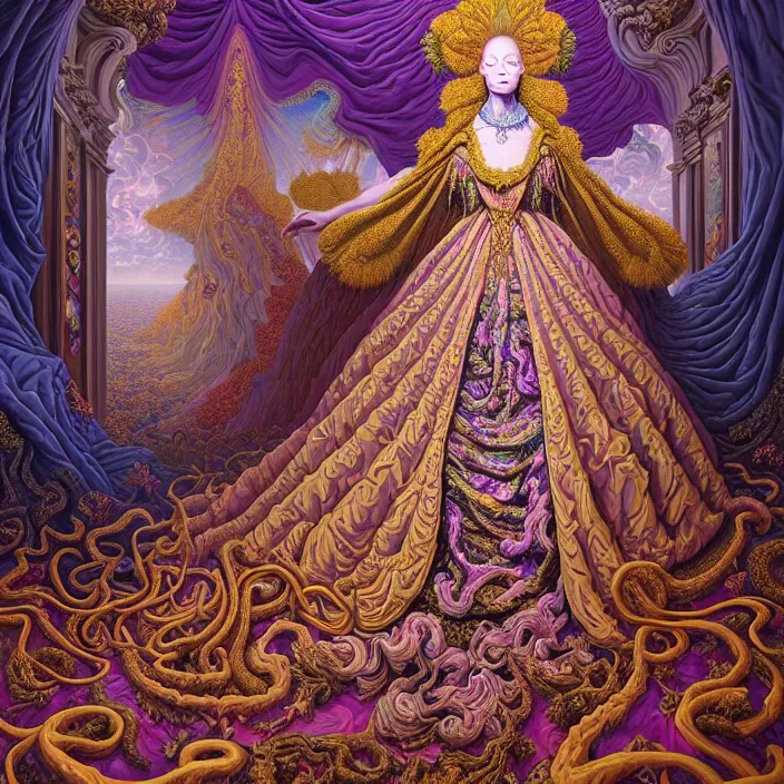 Image similar to beautiful oil painting, full length portrait of dauphinois in baroque coronation robes 1701, Dan Mumford, Dan Mumford, Alex grey, hyacinthe rigaurd, highly detailed , lsd visuals, dmt fractal patterns, hallucinogen, visionary art, psychedelic art, ornate, vaporwave, baroque, Greg rutkowski