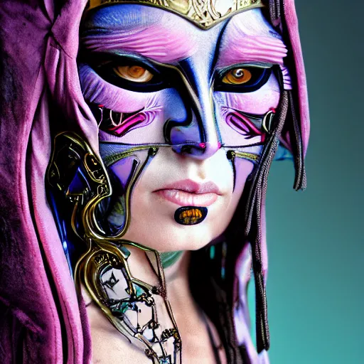 Image similar to an award finning closeup facial portrait by luis rogyo and john howe of a bohemian female cyberpunk traveller clothed in excessively fashionable 8 0 s haute couture fashion and wearing ornate art nouveau body paint