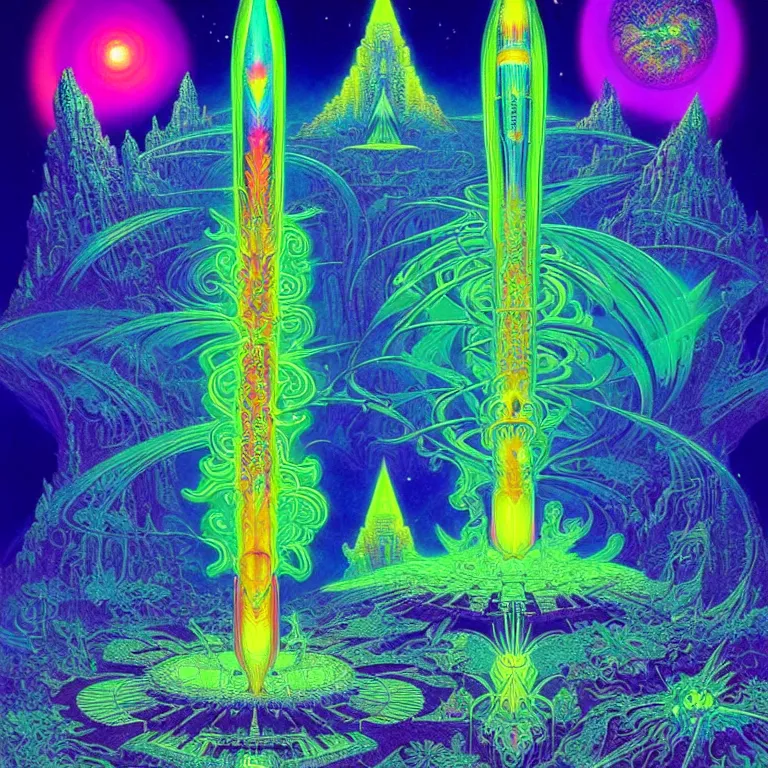 Image similar to mysterious cosmic rocket hovering over magical haunted diamond temple, infinite hallucinogenic fractal waves, # f 2 2 2 ff # 8 c 1 eff synthwave, bright neon colors, highly detailed, cinematic, eyvind earle, tim white, philippe druillet, roger dean, ernst haeckel, lisa frank, aubrey beardsley, kubrick, kimura