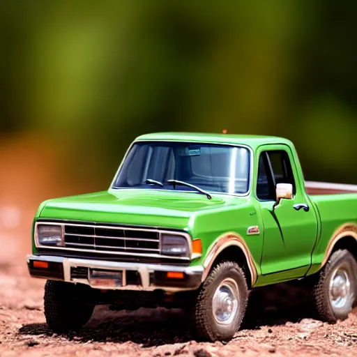 Image similar to a photo of a tiny ford truck ranger 1 9 8 0 on a green leaf, natural sunlight, outdoors, highly detailed macro photography, shallow depth of field, full shot