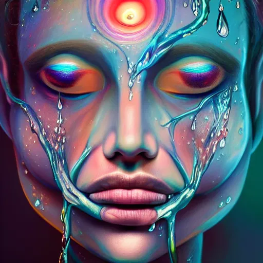 Prompt: stunning painting of transformation of the mind to purified supreme mind by rik oostenbroek, concept art, masterpiece, character art, hyperrealism, ultra detailed face and eyes, luminous water drops, cinematic, sharp focus, soft lighting, 8 k hd resolution