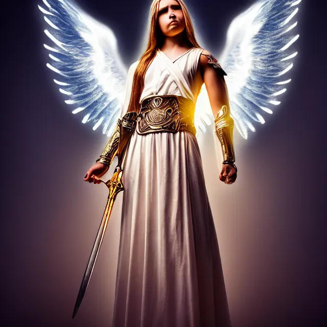 Image similar to photo of a beautiful angelic warrior with light powers, highly detailed, 4 k, hdr, smooth, sharp focus, high resolution, award - winning photo