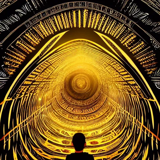 Image similar to vivid illustration of a person choosing between tunnels inside a highly intricate torus with detailed golden ornamentation and golden light, choosing between pathways