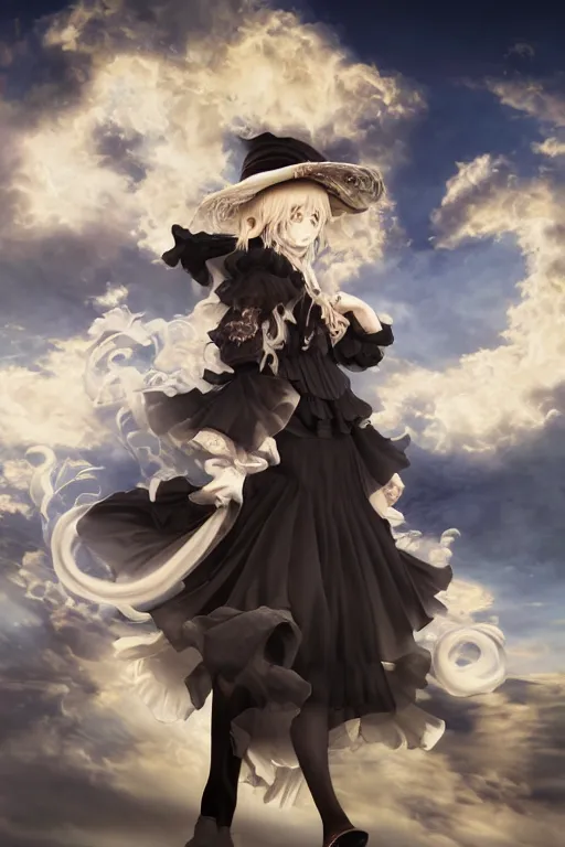 Image similar to Kirisame marisa from touhou, dramatic, elaborate emotive Baroque and Rococo styles to emphasize beauty as a transcendental, 8k image, ultra-realistic, the style of WLOP